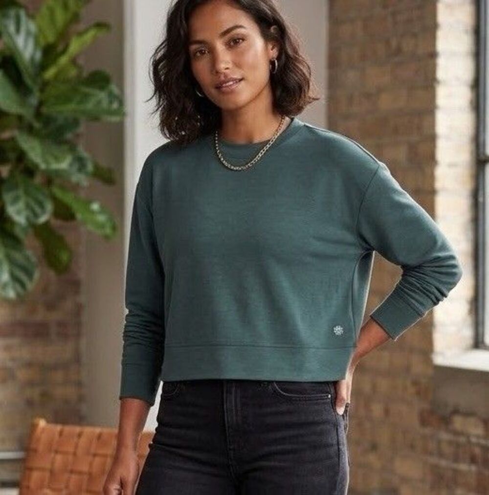 Athleta Crop Crewneck Sweatshirt Forest Green Modal Blend Lounge Top S Oversized